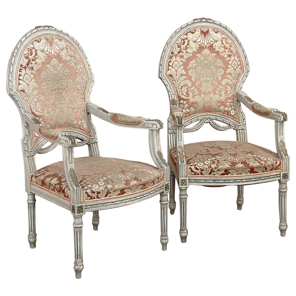 Pair Antique French Louis XVI Painted Armchairs, Fauteuils
