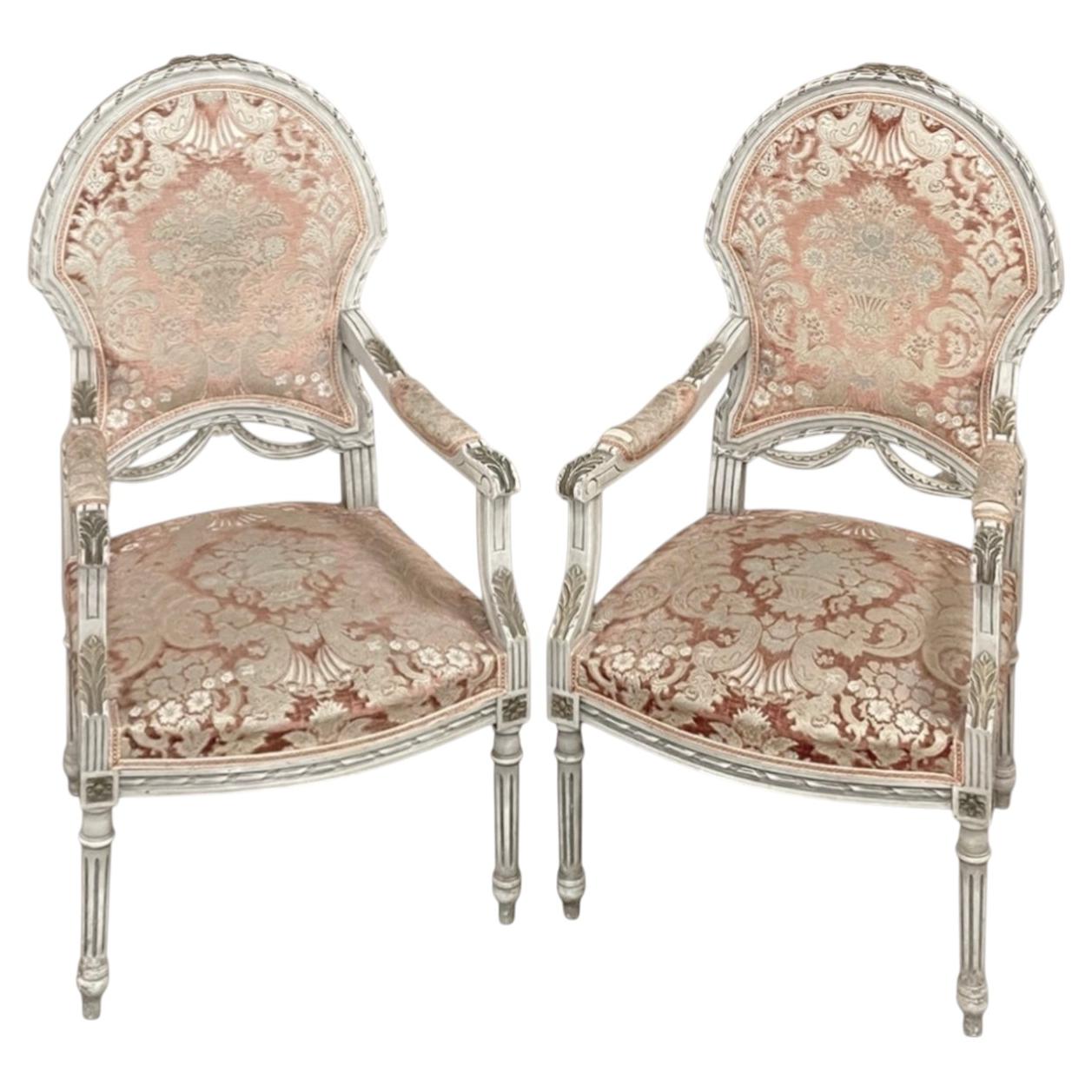 Pair Antique French Louis XVI Painted Armchairs, Fauteuils