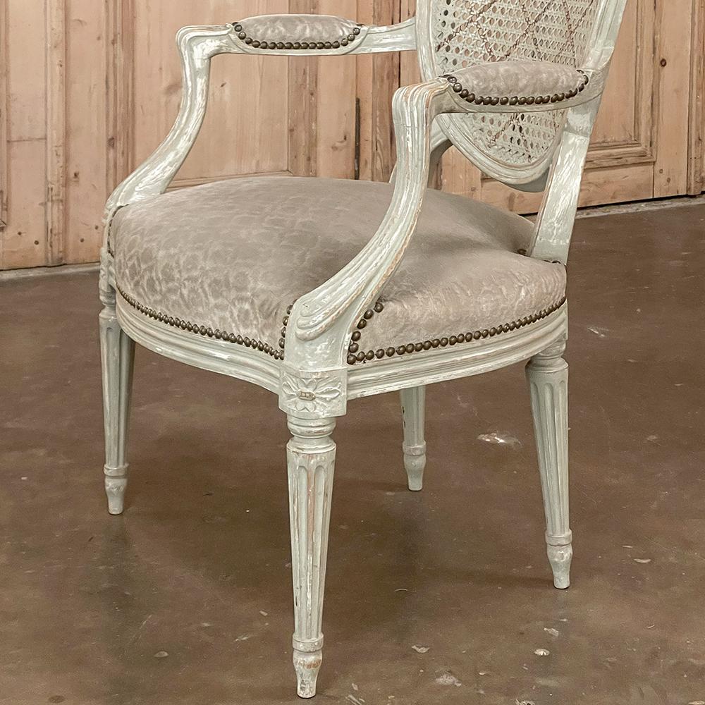 Pair Antique French Louis XVI Painted Armchairs with Cane and Fabric For Sale 7