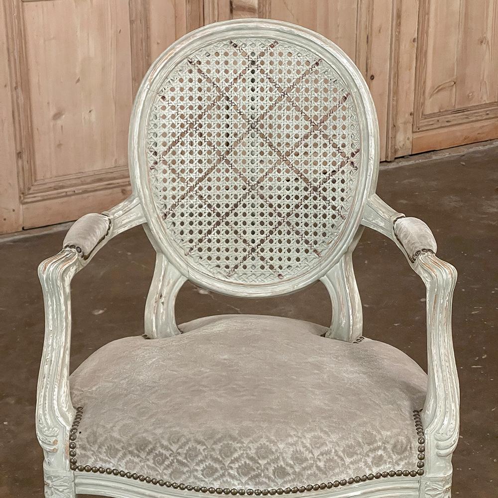 Pair Antique French Louis XVI Painted Armchairs with Cane and Fabric For Sale 9