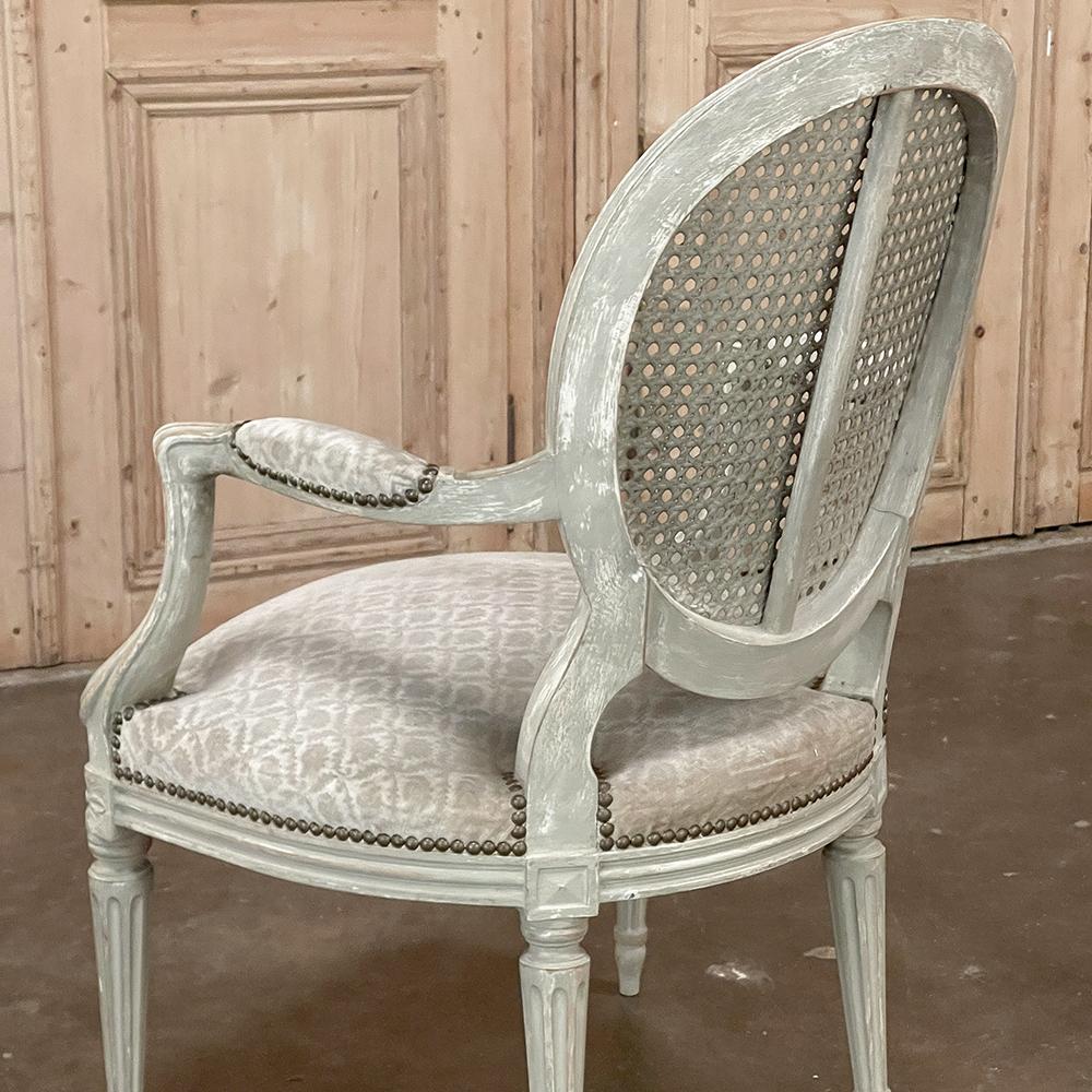 Pair Antique French Louis XVI Painted Armchairs with Cane and Fabric For Sale 11
