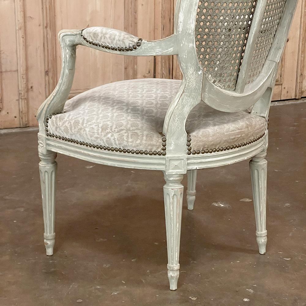 Pair Antique French Louis XVI Painted Armchairs with Cane and Fabric For Sale 12