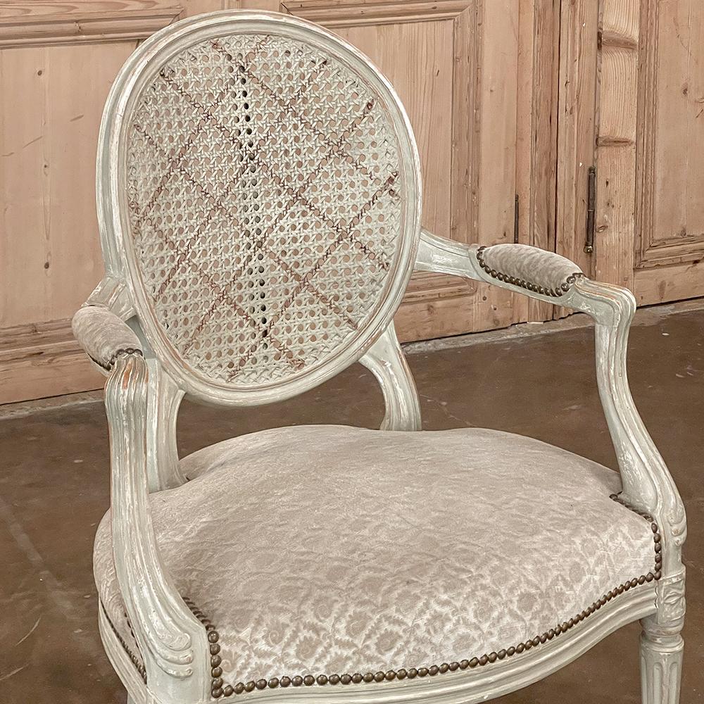 Pair Antique French Louis XVI Painted Armchairs with Cane and Fabric For Sale 2