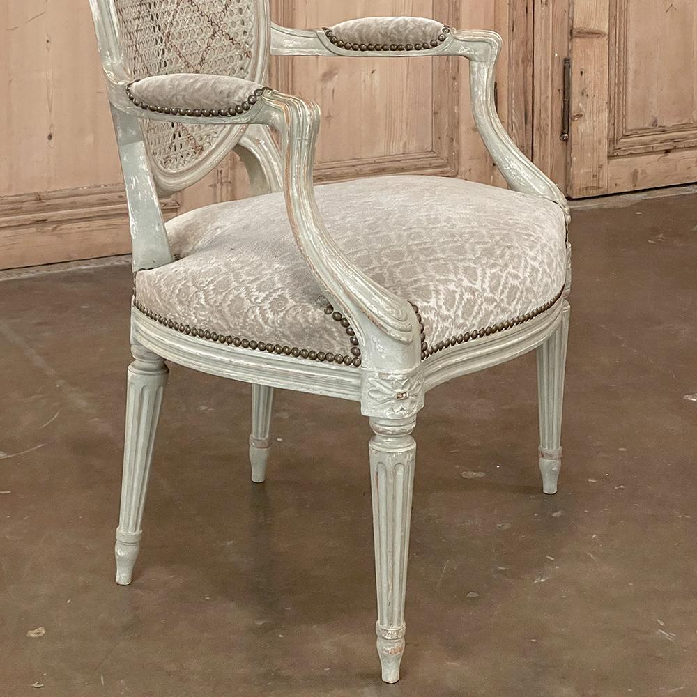 Pair Antique French Louis XVI Painted Armchairs with Cane and Fabric For Sale 4