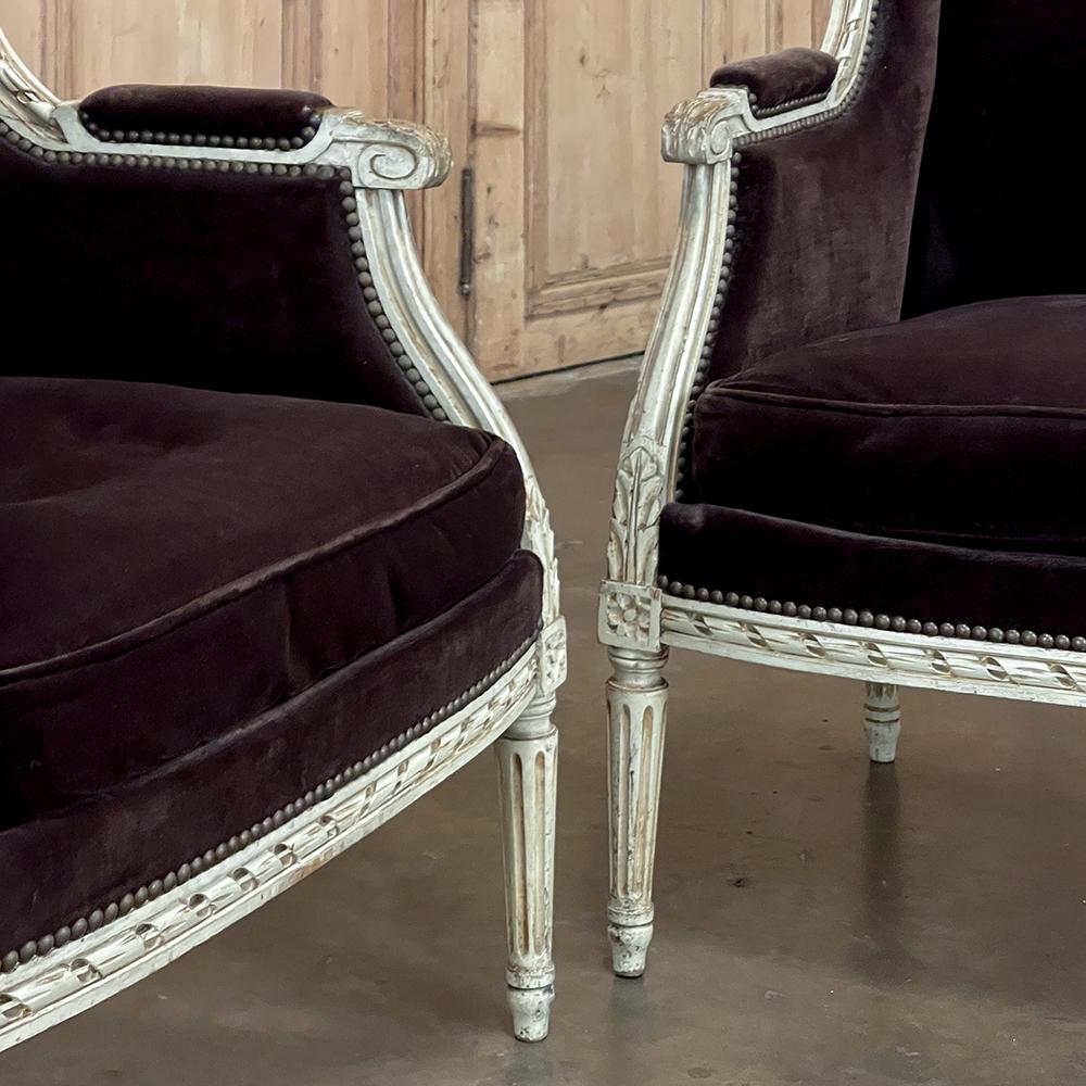Pair Antique French Louis XVI Painted Bergeres ~ Armchairs For Sale 10