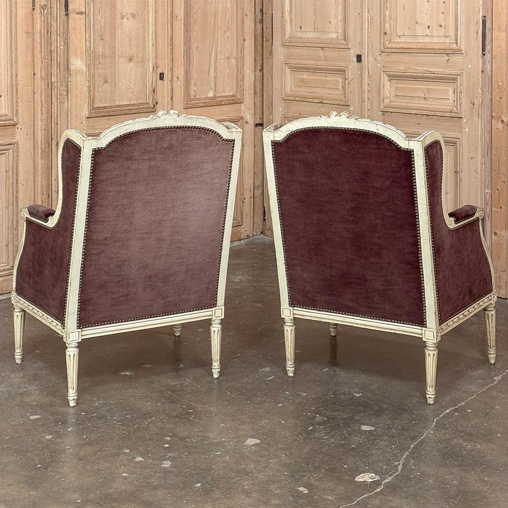 Pair Antique French Louis XVI Painted Bergeres ~ Armchairs For Sale 14