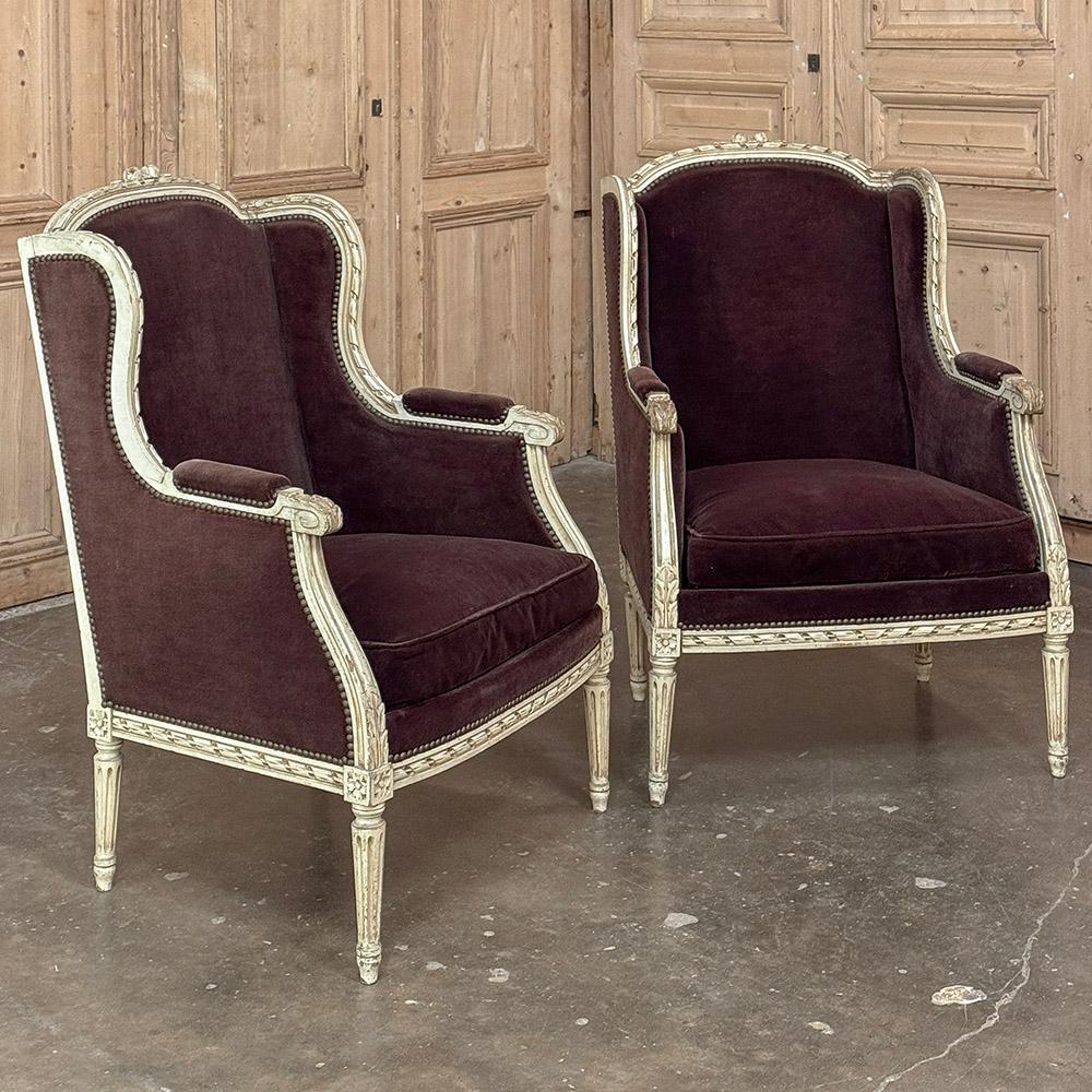 Hand-Carved Pair Antique French Louis XVI Painted Bergeres ~ Armchairs For Sale