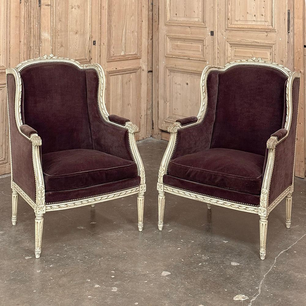Pair Antique French Louis XVI Painted Bergeres ~ Armchairs In Good Condition For Sale In Dallas, TX