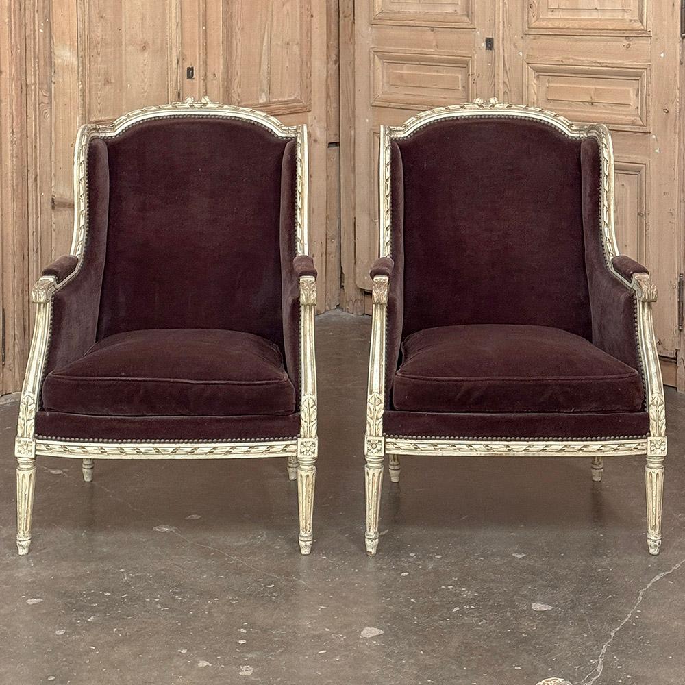 20th Century Pair Antique French Louis XVI Painted Bergeres ~ Armchairs For Sale