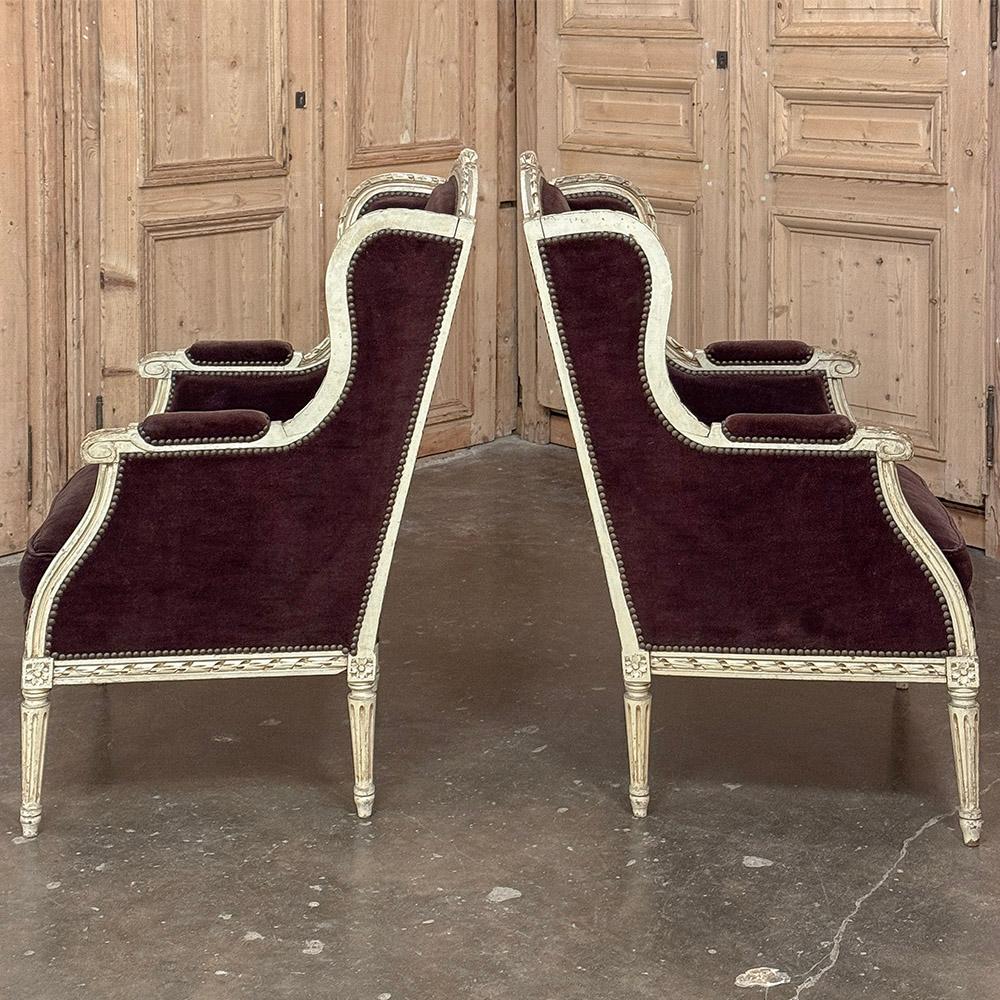 Pair Antique French Louis XVI Painted Bergeres ~ Armchairs For Sale 1