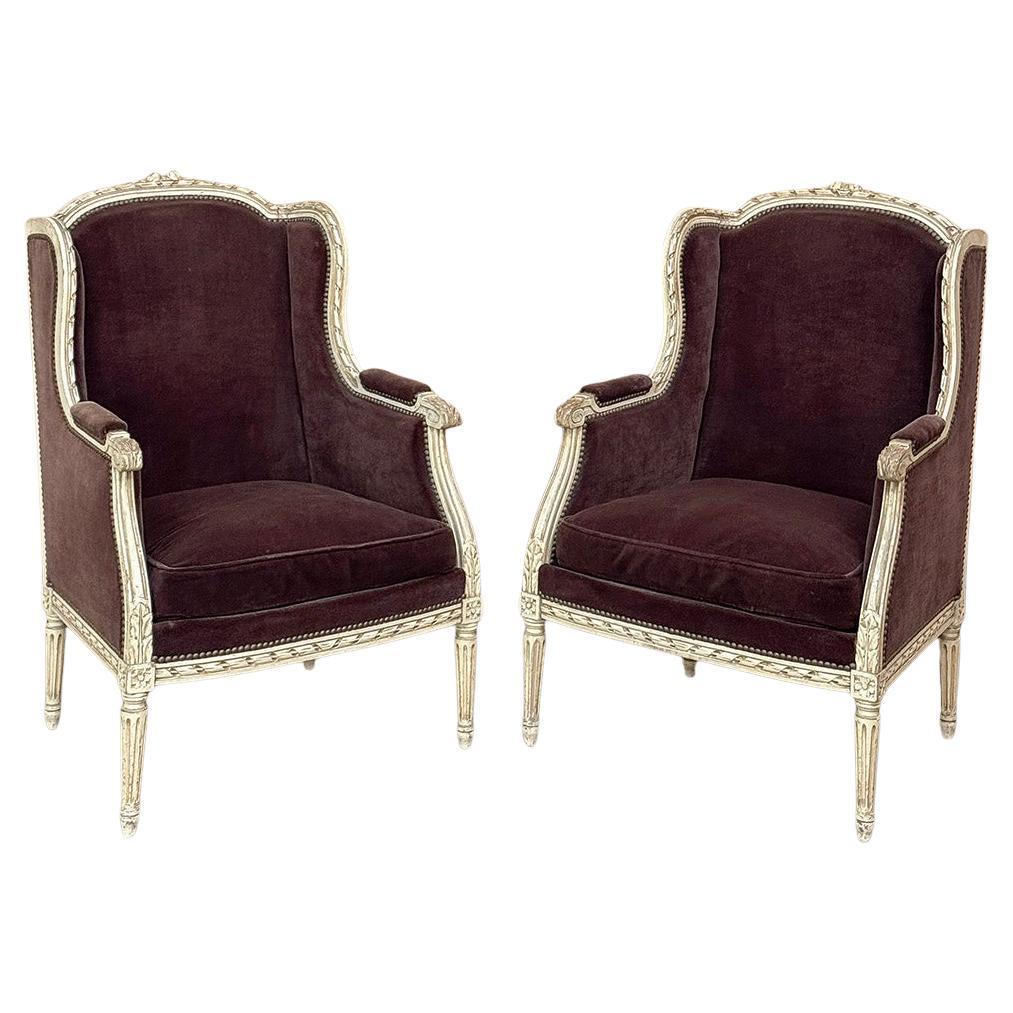 Pair Antique French Louis XVI Painted Bergeres ~ Armchairs
