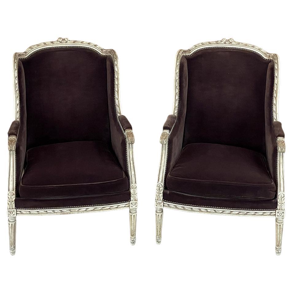 Pair of Antique French Louis XVI Walnut Armchairs, Bergères For Sale at ...