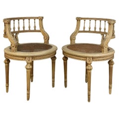Pair Antique French Louis XVI Painted Vanity Chairs with Cane
