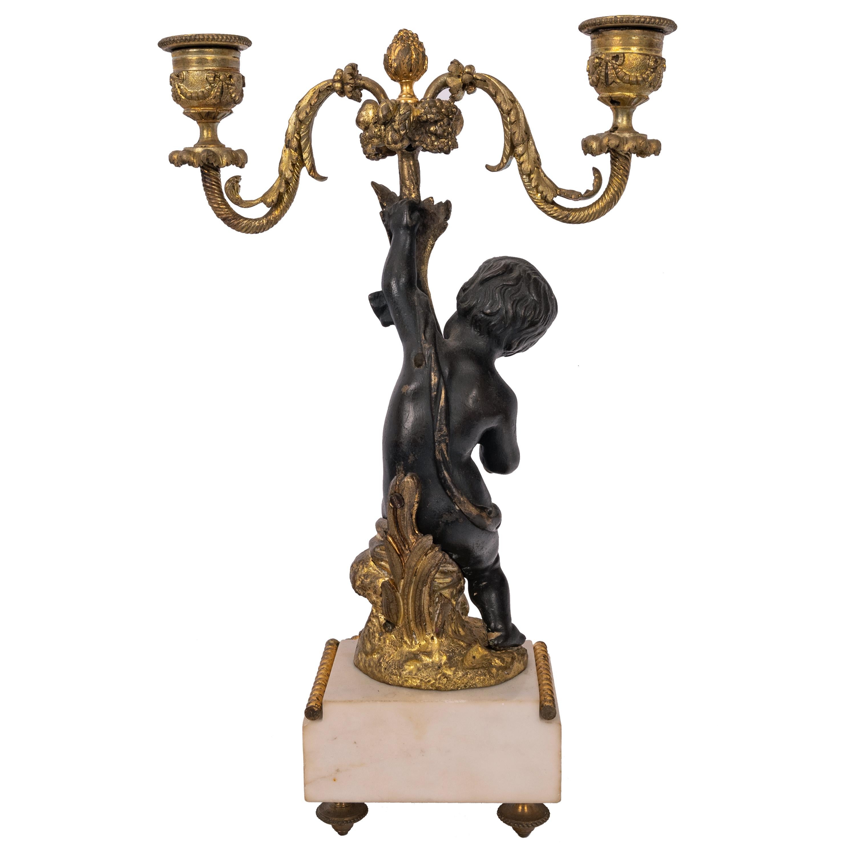 Pair Antique French Louis XVI Parcel-Gilt Bronze & Marble Putti Candelarbra 1870 For Sale 7