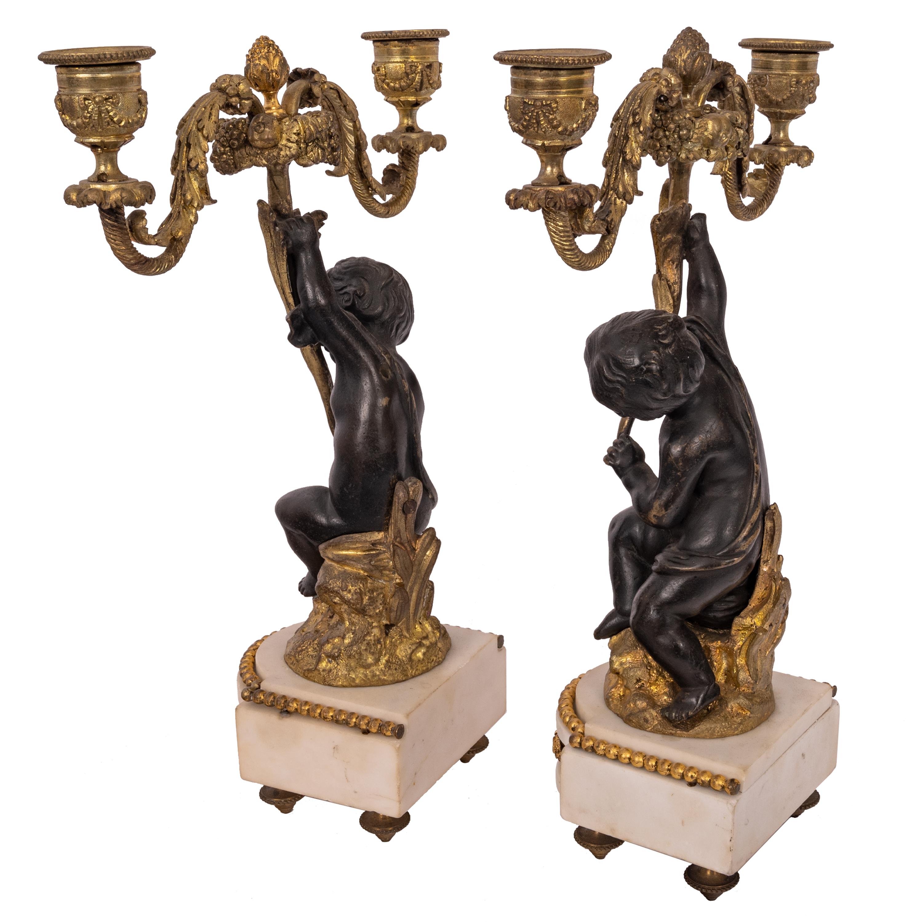 Pair Antique French Louis XVI Parcel-Gilt Bronze & Marble Putti Candelarbra 1870 In Good Condition For Sale In Portland, OR