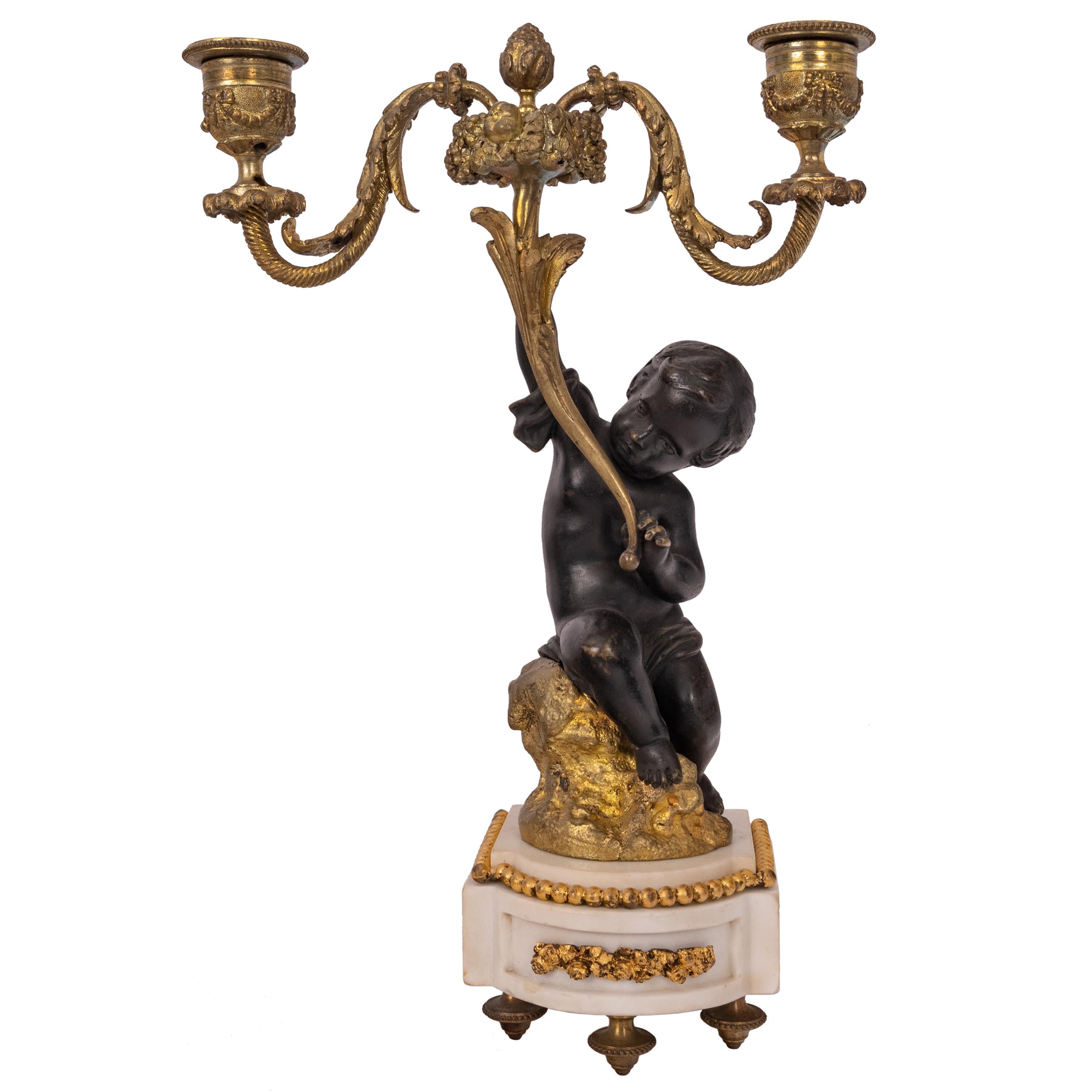 19th Century Pair Antique French Louis XVI Parcel-Gilt Bronze & Marble Putti Candelarbra 1870 For Sale