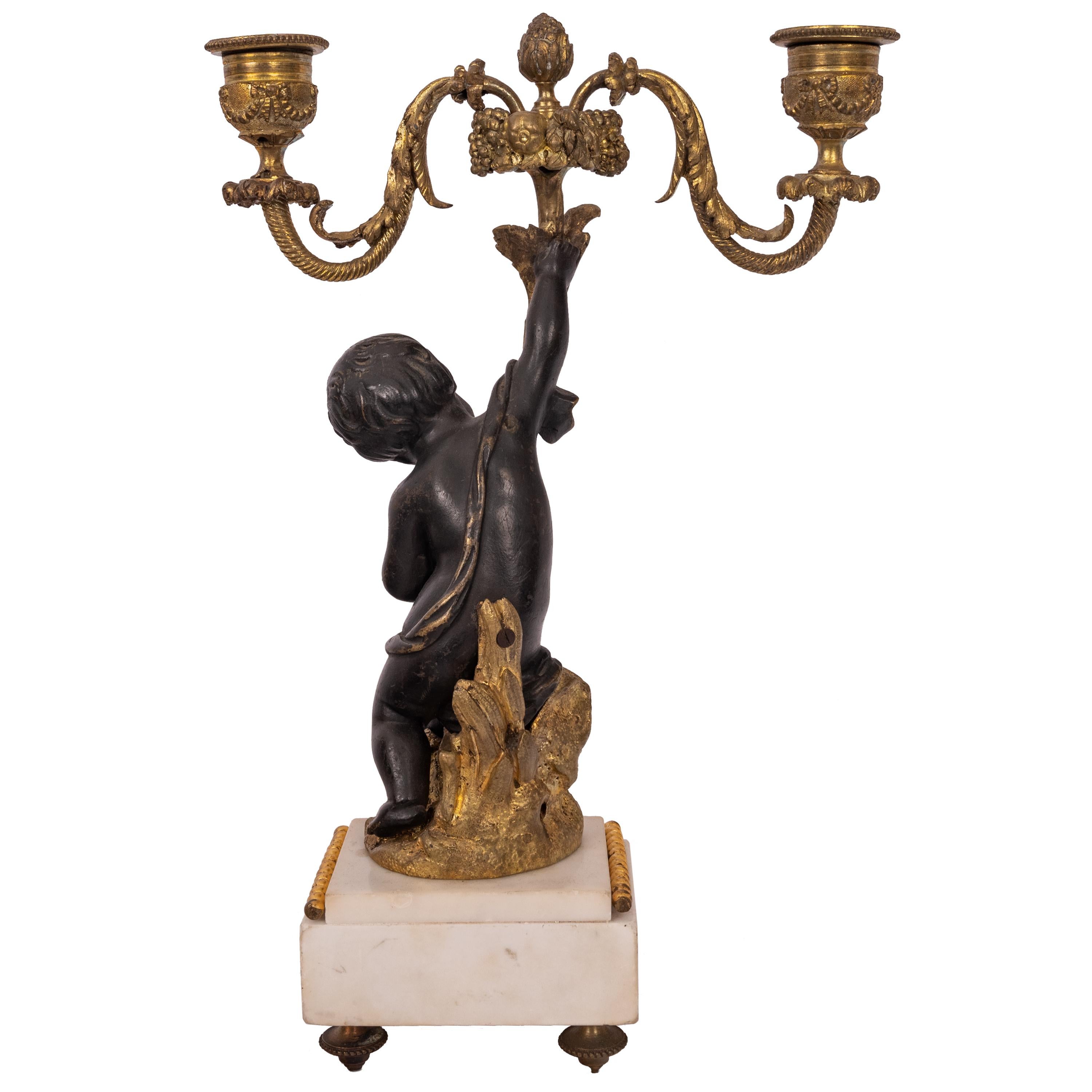 Pair Antique French Louis XVI Parcel-Gilt Bronze & Marble Putti Candelarbra 1870 For Sale 1