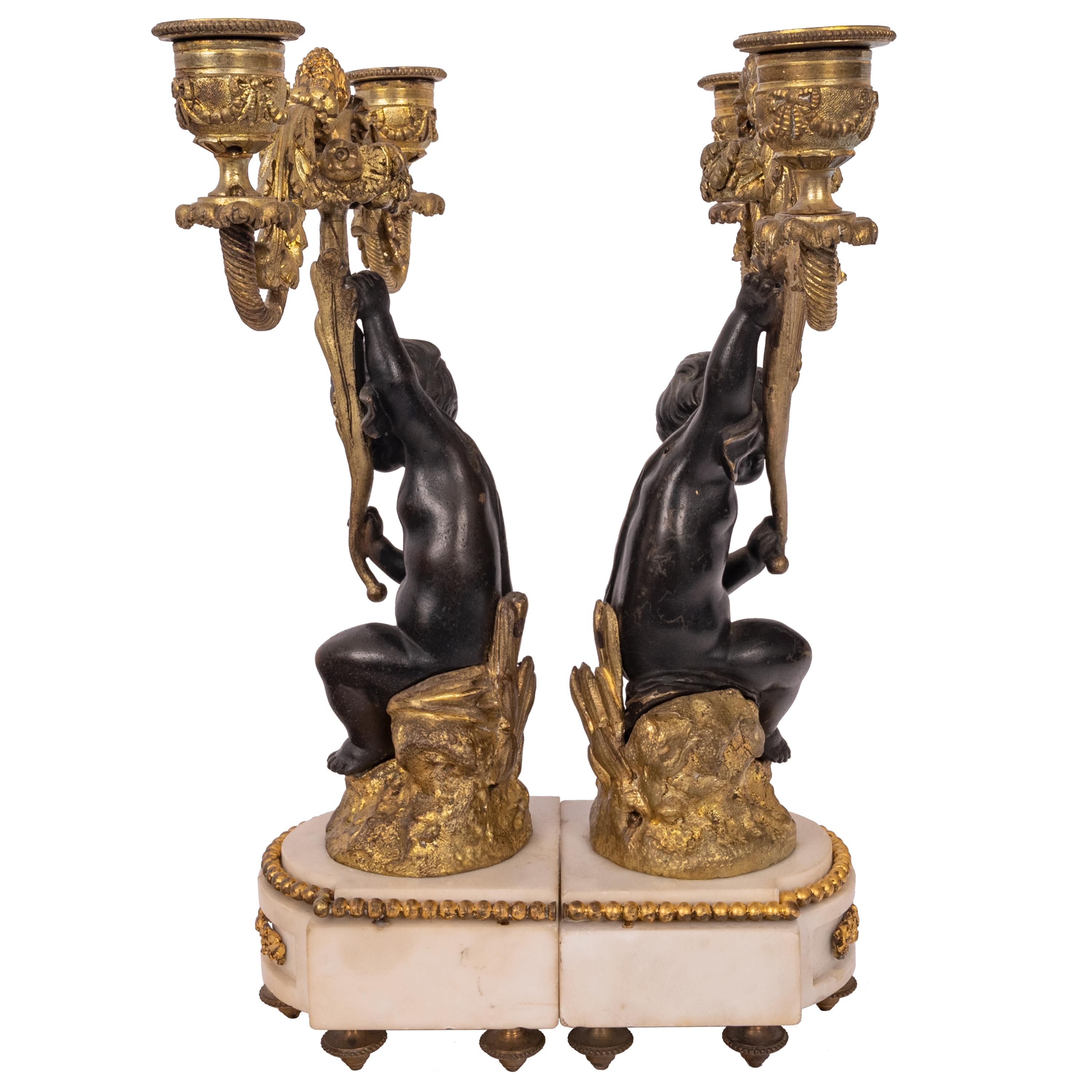 Pair Antique French Louis XVI Parcel-Gilt Bronze & Marble Putti Candelarbra 1870 For Sale 3