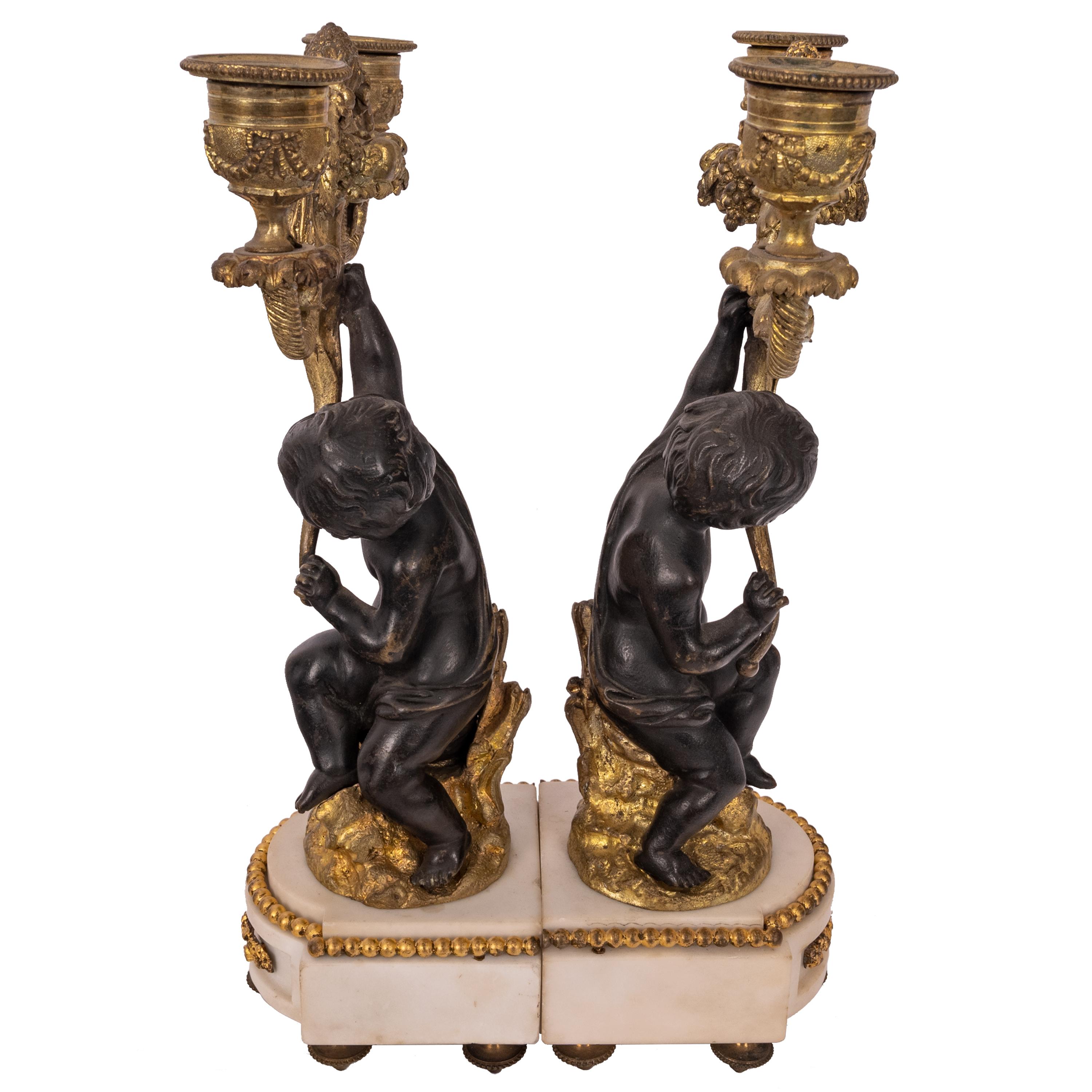 Pair Antique French Louis XVI Parcel-Gilt Bronze & Marble Putti Candelarbra 1870 For Sale 4