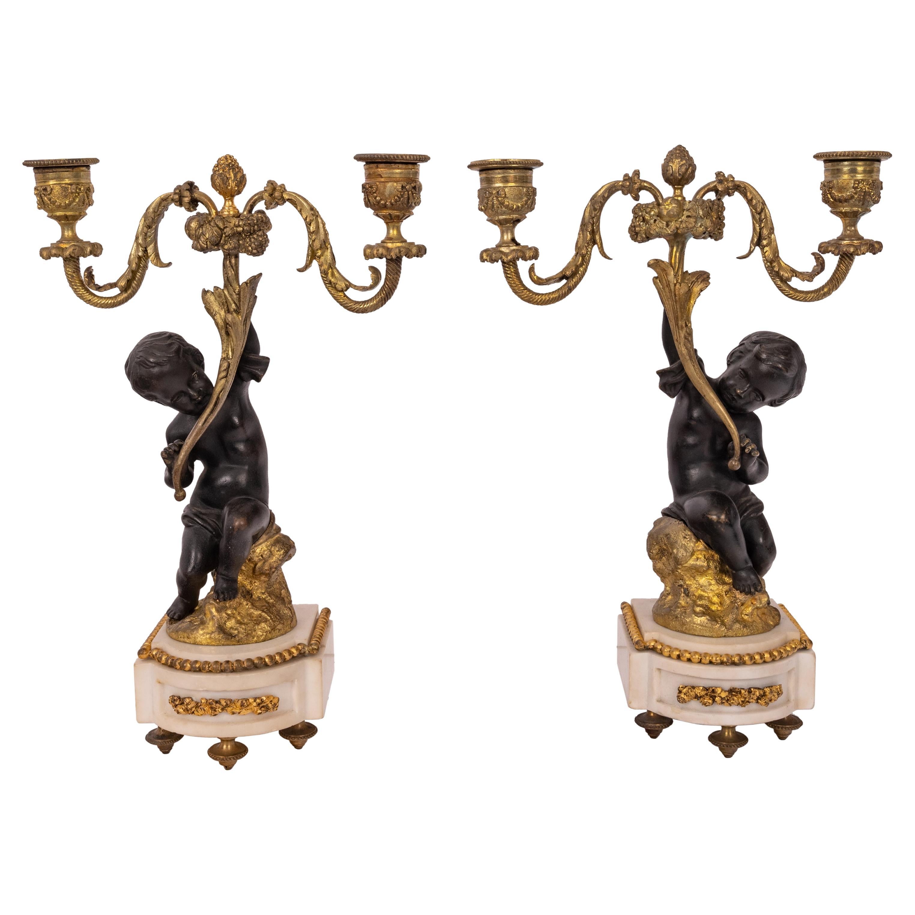 Pair Antique French Louis XVI Parcel-Gilt Bronze & Marble Putti Candelarbra 1870 For Sale