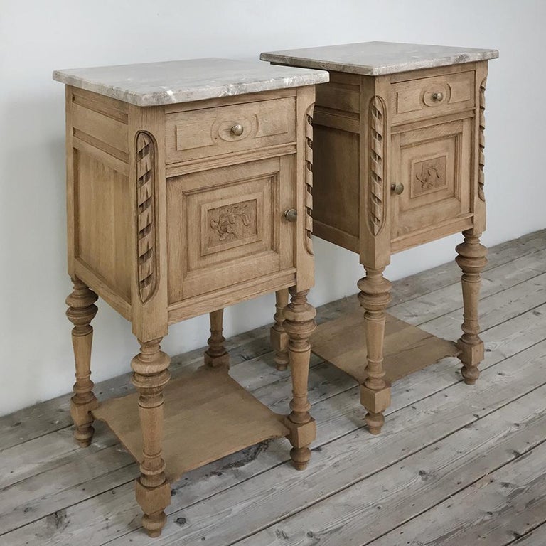 Pair of Antique French Louis XVI Stripped Marble Top Nightstands at 1stDibs