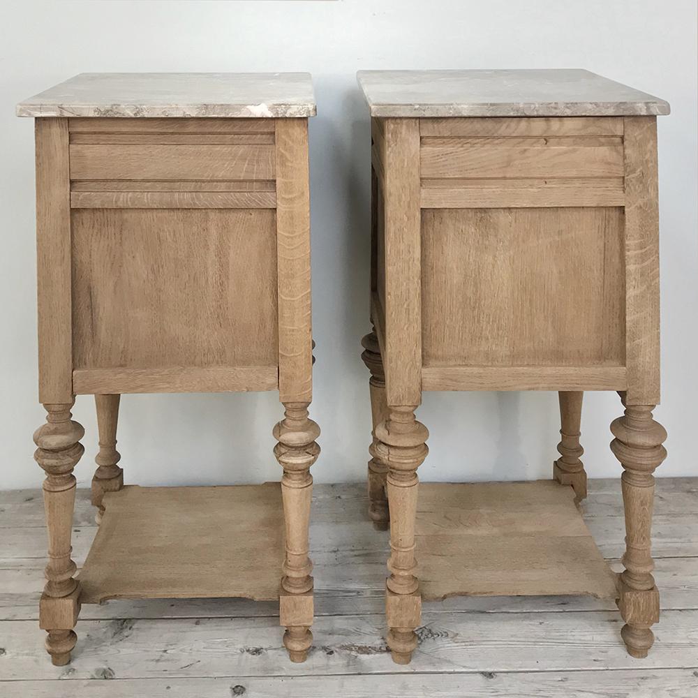 Hand-Carved Pair of Antique French Louis XVI Stripped Marble Top Nightstands