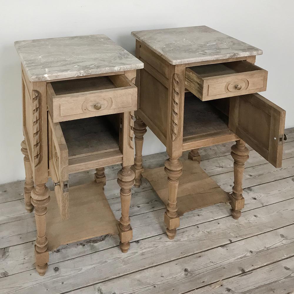 Pair of Antique French Louis XVI Stripped Marble Top Nightstands In Good Condition In Dallas, TX
