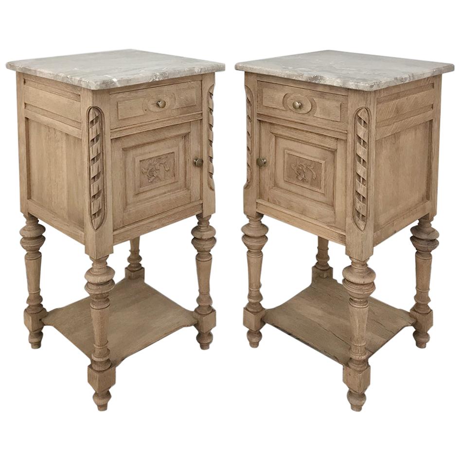 Pair of Antique French Louis XVI Stripped Marble Top Nightstands
