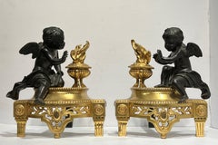 Pair Antique French Louis XVI Style Gilt and Patinated Bronze Chenets / Andirons