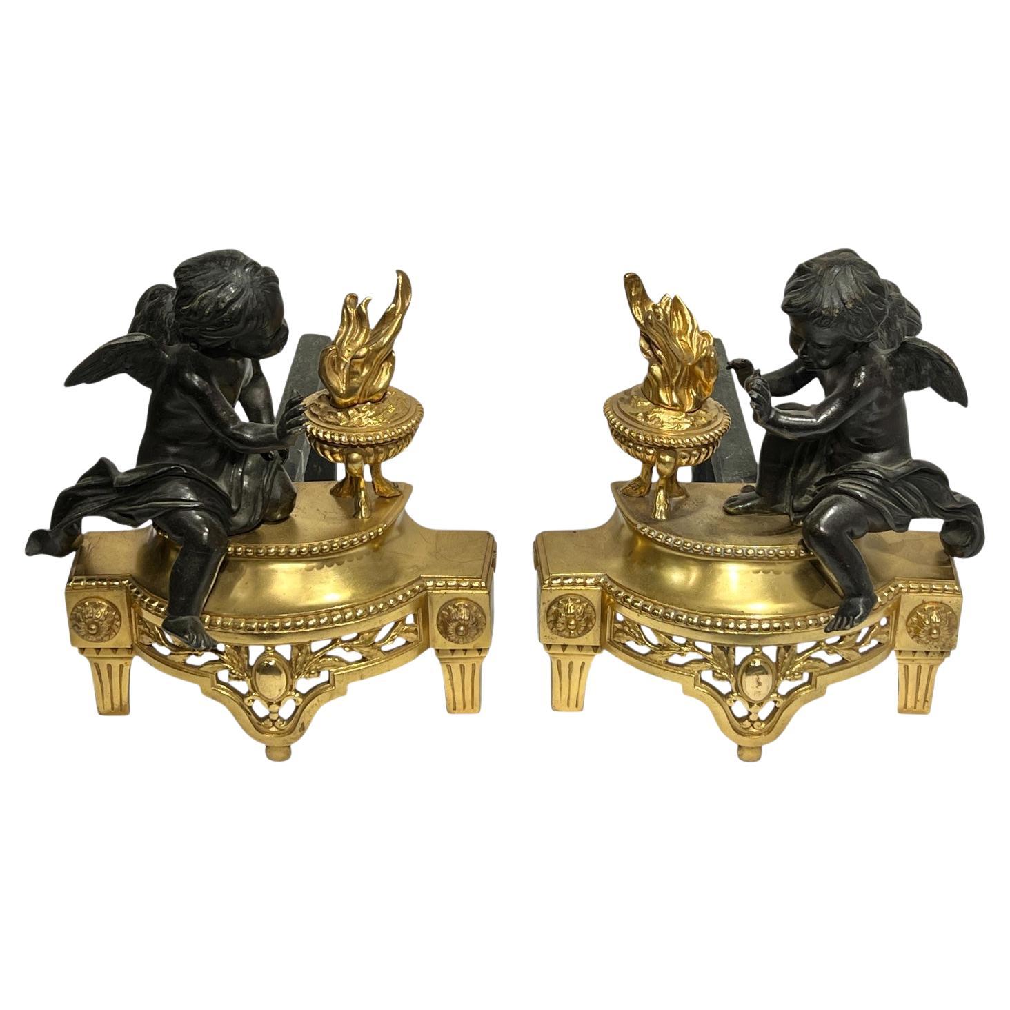 Paire de chenets / chenets français anciens de style Louis XVI en bronze doré et patiné