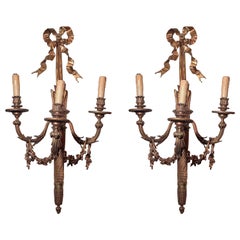 Pair Antique French Louis XVI Style Gold Bronze Sconces, Circa 1840-1860.