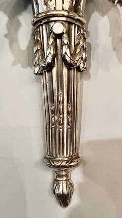 Pair Antique French Louis XVI Two Light Silvered Bronze Scones