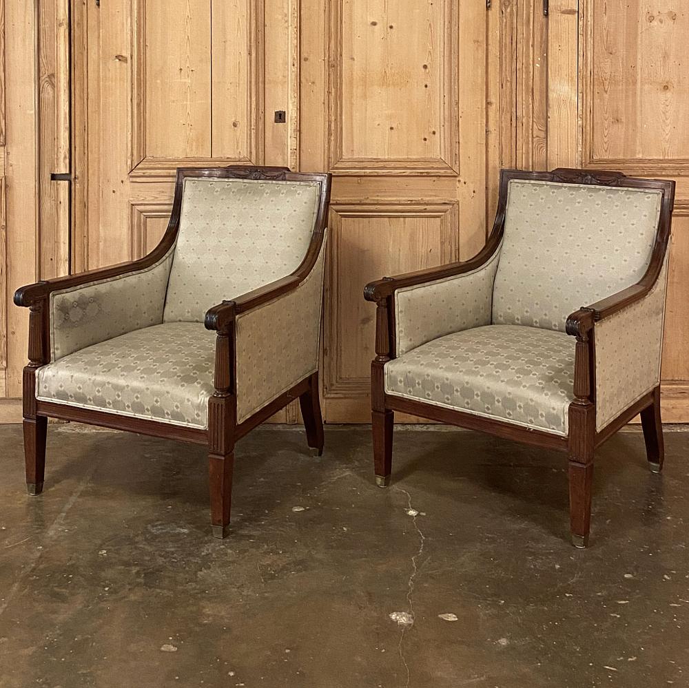 Hand-Crafted Pair Antique French Louis XVI Walnut Armchairs, Bergeres For Sale