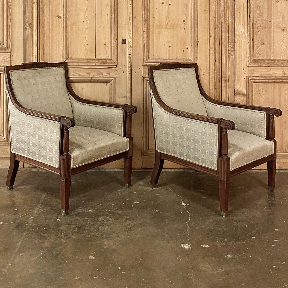 Pair Antique French Louis XVI Walnut Armchairs, Bergeres In Good Condition For Sale In Dallas, TX