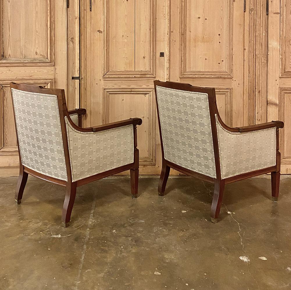 20th Century Pair Antique French Louis XVI Walnut Armchairs, Bergeres For Sale