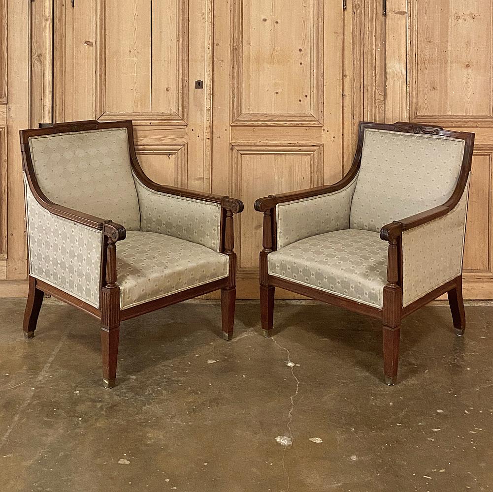 Pair Antique French Louis XVI Walnut Armchairs, Bergeres For Sale 1