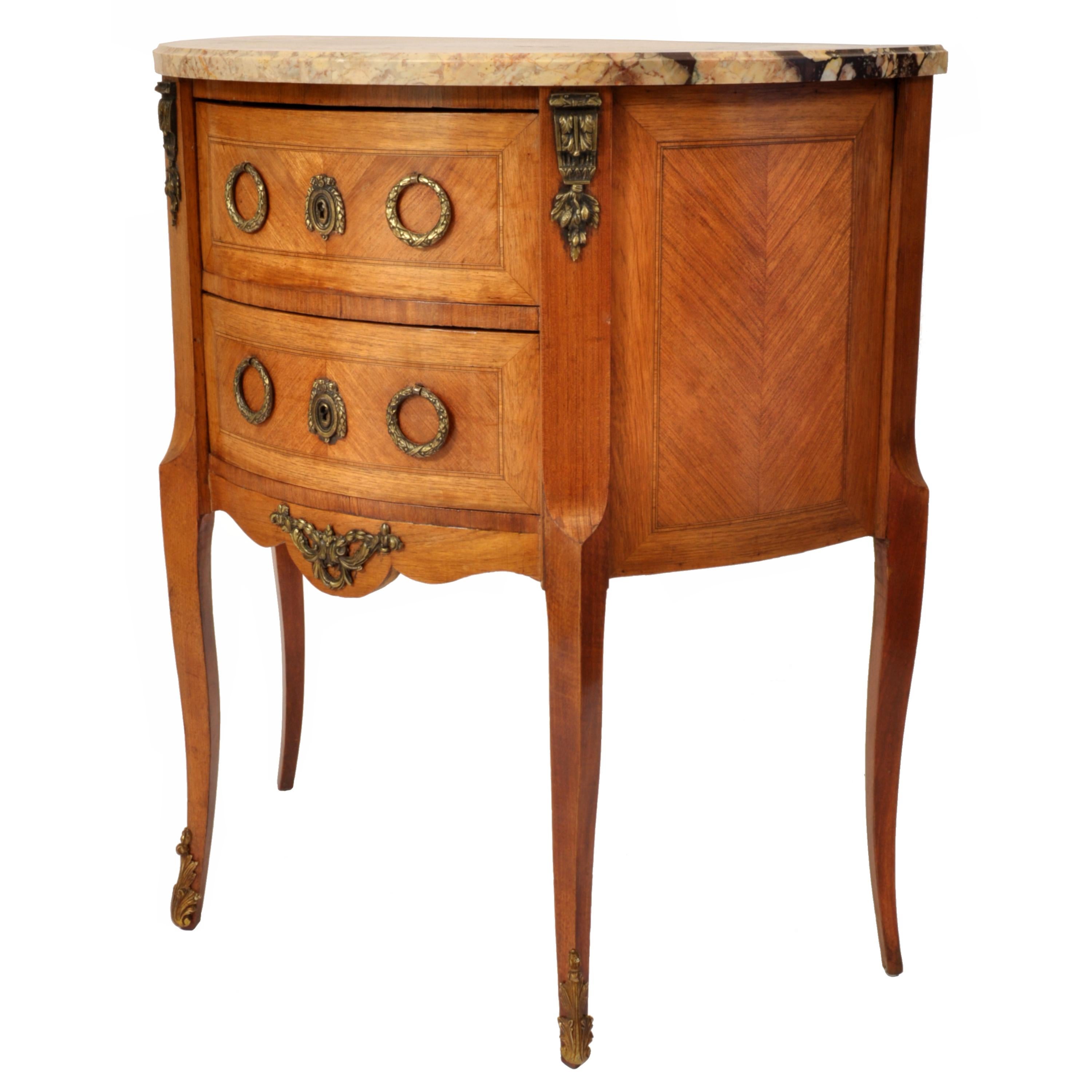 Pair Antique French Louis XVI Walnut Marble & Ormolu Side Tables Cabinets, 1880 In Good Condition In Portland, OR