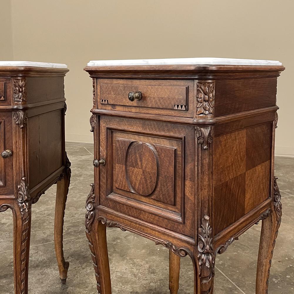 Pair Antique French Louis XVI Walnut Marble Top Nightstands 4