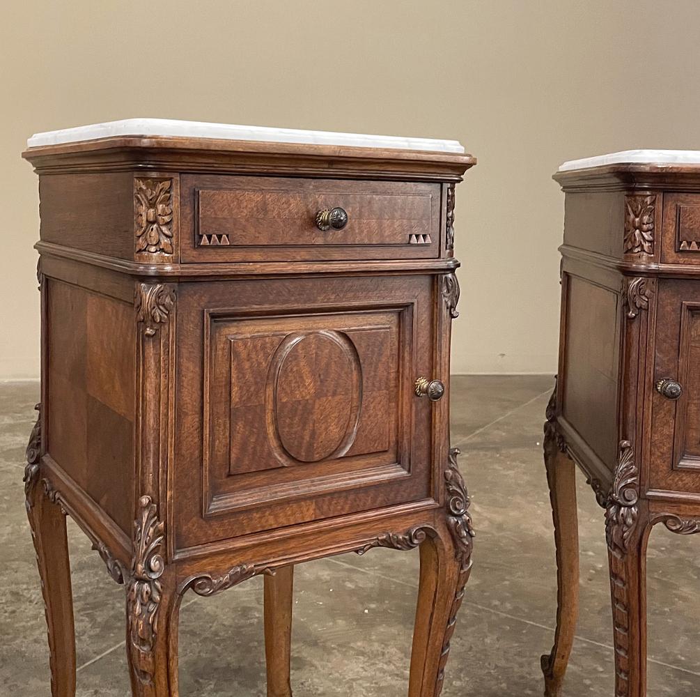 Pair Antique French Louis XVI Walnut Marble Top Nightstands 5