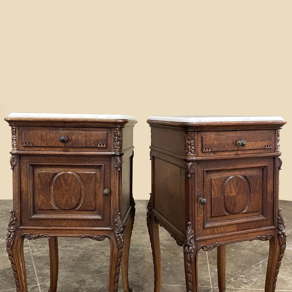 Pair Antique French Louis XVI Walnut Marble Top Nightstands 9
