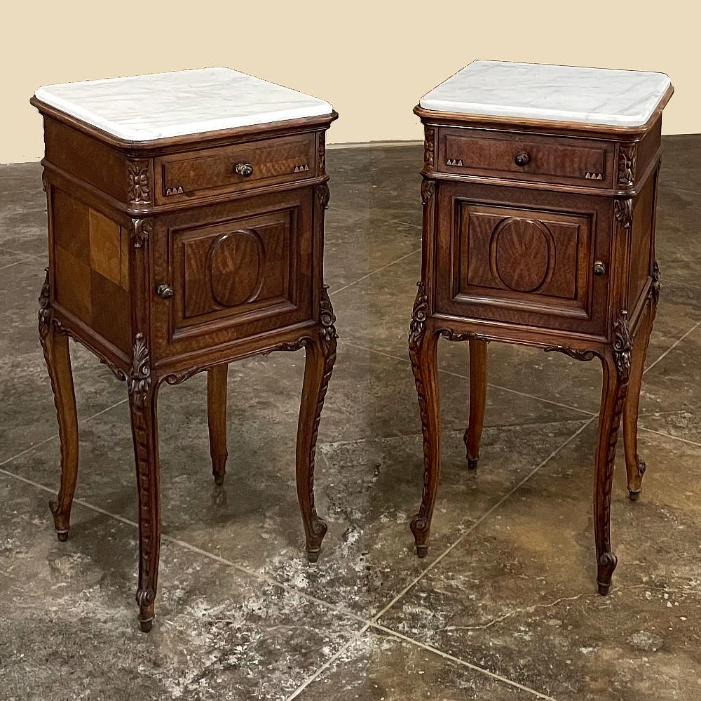 Hand-Crafted Pair Antique French Louis XVI Walnut Marble Top Nightstands