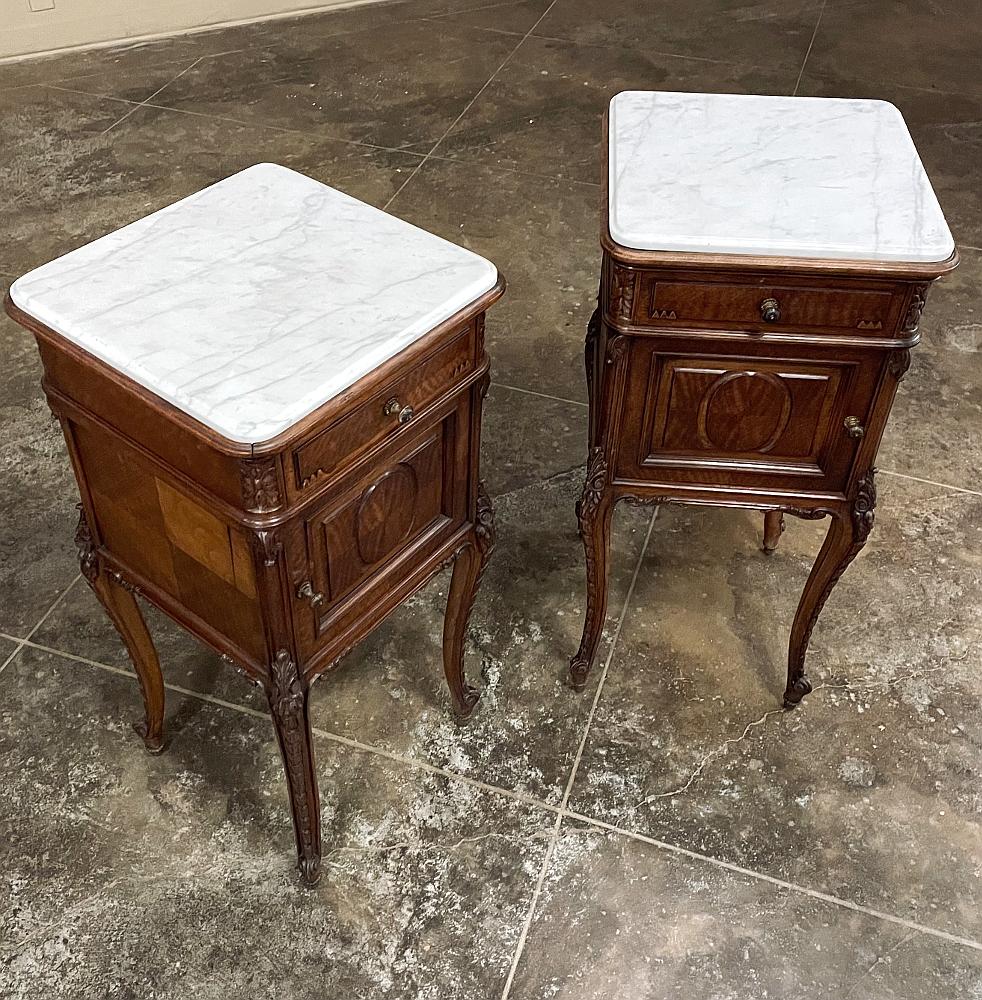 Pair Antique French Louis XVI Walnut Marble Top Nightstands In Good Condition In Dallas, TX