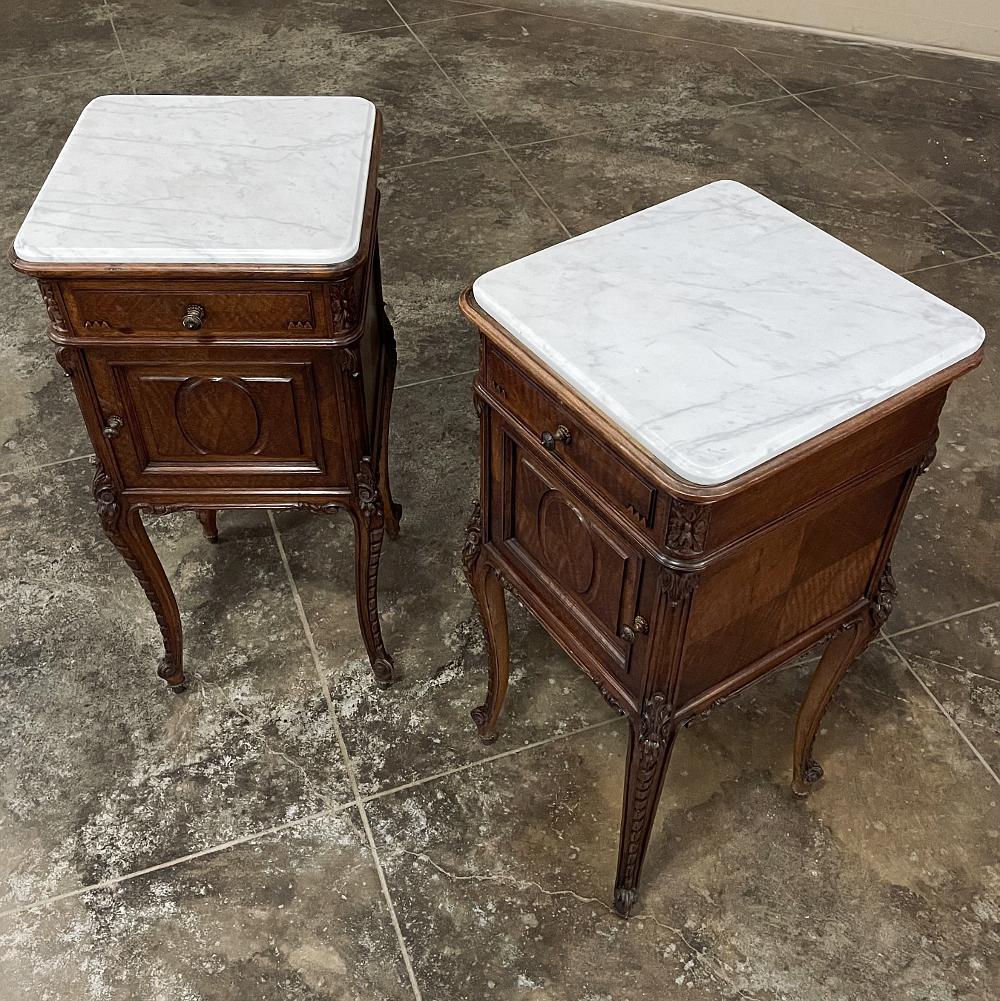Late 19th Century Pair Antique French Louis XVI Walnut Marble Top Nightstands