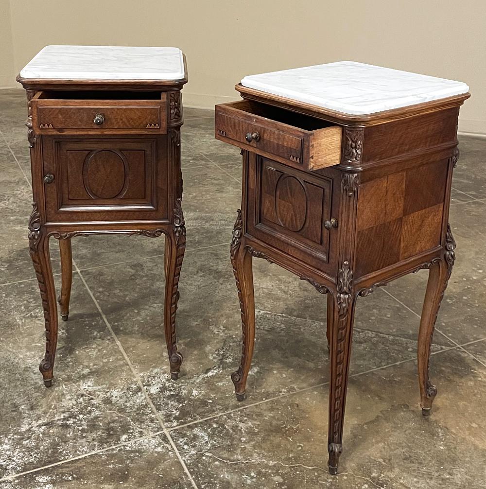 Brass Pair Antique French Louis XVI Walnut Marble Top Nightstands