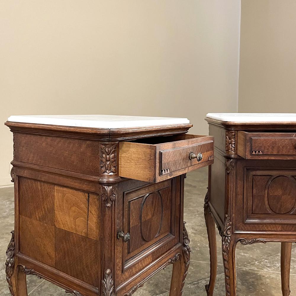 Pair Antique French Louis XVI Walnut Marble Top Nightstands 1