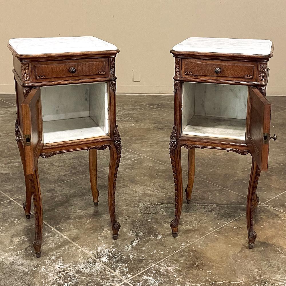Pair Antique French Louis XVI Walnut Marble Top Nightstands 3