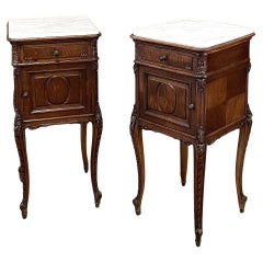 Pair Antique French Louis XVI Walnut Marble Top Nightstands