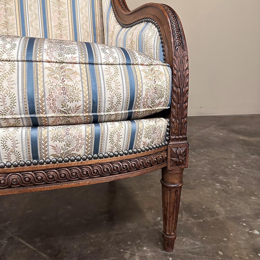 Pair Antique French Louis XVI Walnut Upholstered Bergeres ~ Armchairs For Sale 7