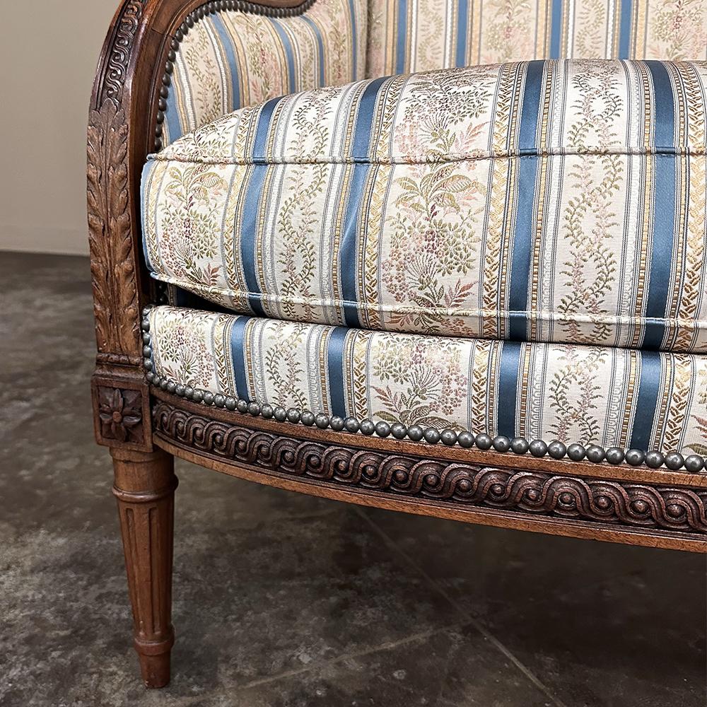 Pair Antique French Louis XVI Walnut Upholstered Bergeres ~ Armchairs For Sale 8