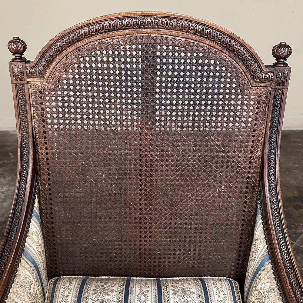 Pair Antique French Louis XVI Walnut Upholstered Bergeres ~ Armchairs For Sale 9